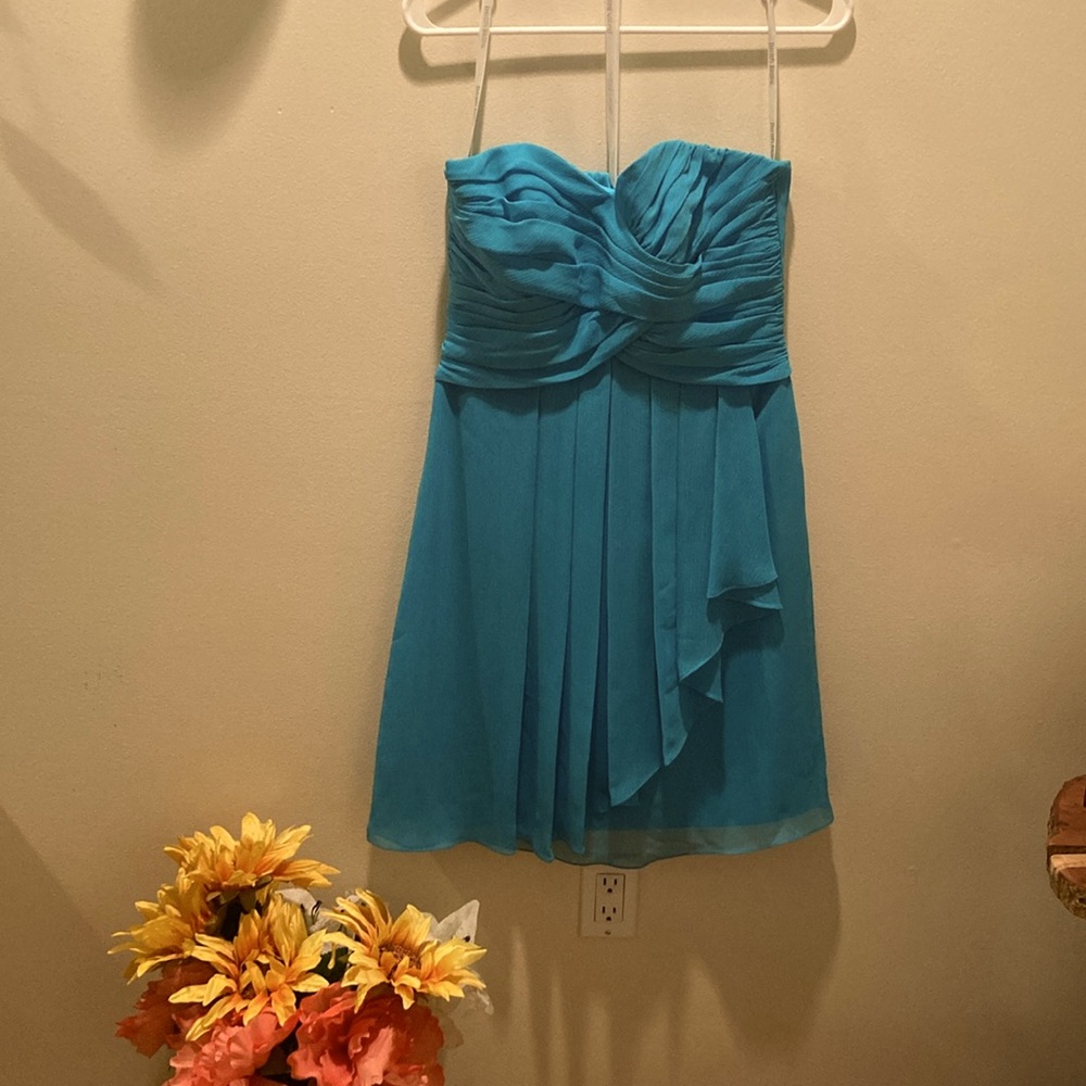 Mid length turquoise ruched David’s Bridal dress